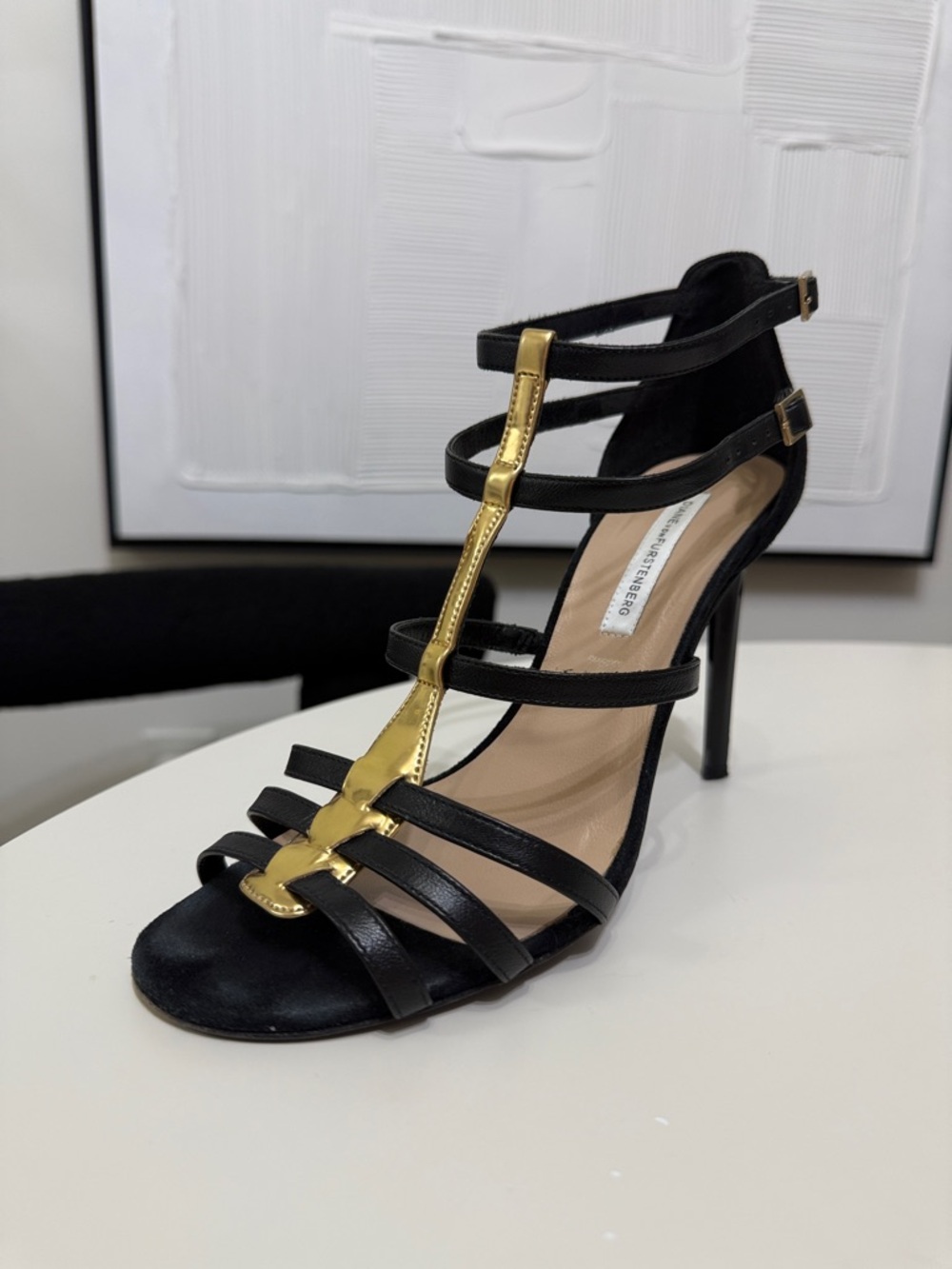 Diane Von Furstenberg Black and Gold Strappy High Heel Sandals DVF - Picture 4 of 9